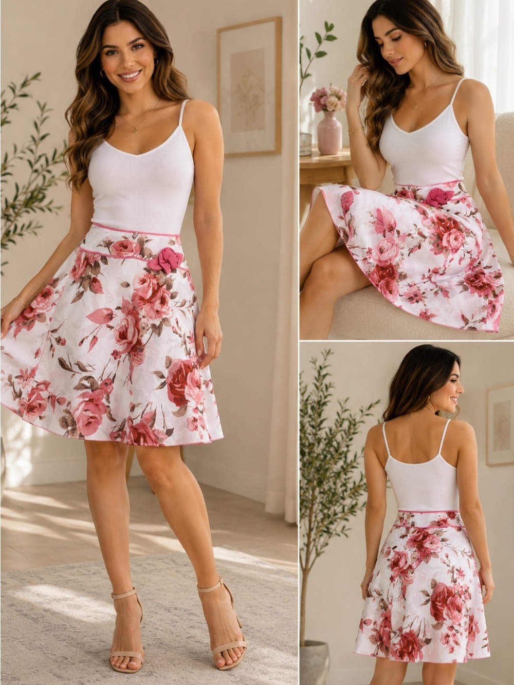 Floral A-Line Skirt in Pink and White # 156
